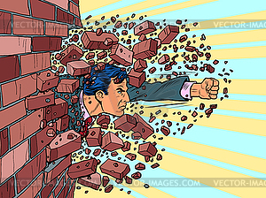 Businessman breaks through brick wall. will to - vector image