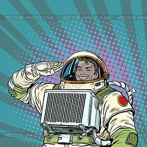 Joyful astronaut salutes, cosmonaut captain. Soldie - vector clipart
