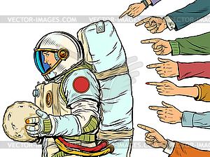 Guilty astronaut with planet in his hands. - vector clip art