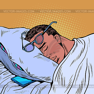 Black man is sleeping with glasses, phone is lying - vector clip art