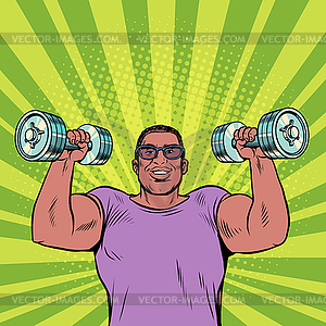 Black man lifts dumbbells, sports and health, - vector clipart