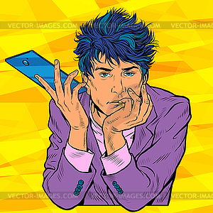 Handsome man with smartphone thought. Mobile - vector clipart