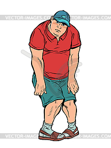 Funny young fat man, sportswear awkward pose - vector clipart