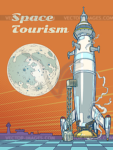 Space tourism. rocket on launch pad at spaceport. - vector image