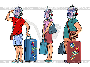 People travelers astronauts are standing on - vector clip art