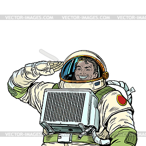 Joyful astronaut salutes, cosmonaut captain. Soldie - vector image