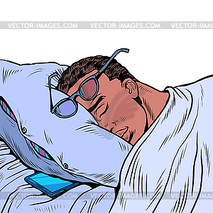 Black man is sleeping with glasses, phone is lying - vector clipart