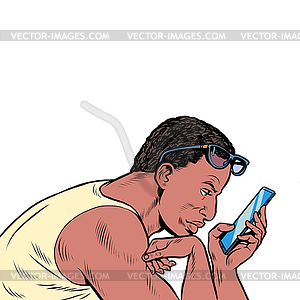 Black man surfs in smartphone in morning. - vector clip art