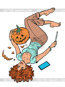 Beautiful woman carves Halloween pumpkin. Isolate. - vector clipart