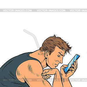 Man surfs in smartphone in morning. Businessman - vector clip art