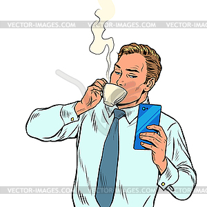 Businessman drinking morning coffee and reading - vector image