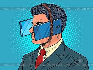 Virtual reality male businessman is passionate abou - vector clip art