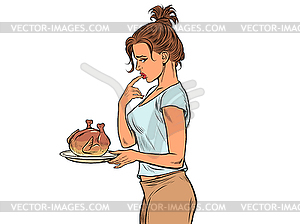 Woman with fried chicken or turkey, weight loss diet - vector clipart