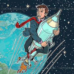 Businessman flies on rocket, startup - vector image