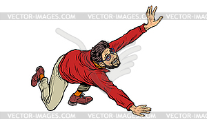 Young man runs and falls. Bearded hipster active - vector image