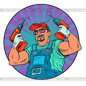 Male worker with drill. Carpenter or builder, - vector clip art