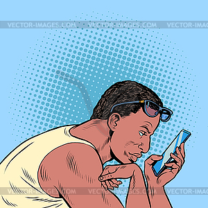 Black man surfs in smartphone in morning. - vector clipart