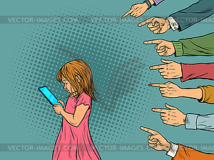 Little girl uses smartphone. Adults discuss - vector image