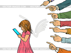 Little girl uses smartphone. Adults discuss - vector clip art