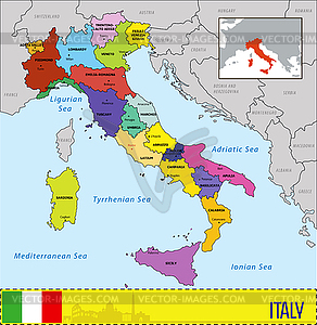 Map of Italy with regions and their capitals - stock vector clipart