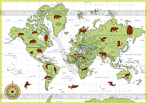 Detailed World Map with Animals - vector clipart