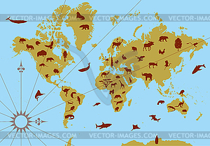 World contour map with animals - vector clipart