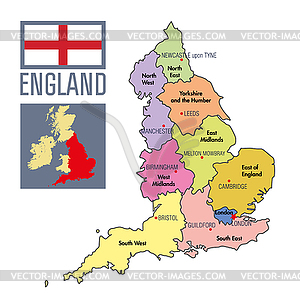 Political map of England with regions and their - vector clipart
