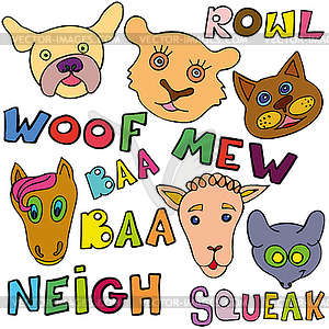 Set of doodle funny and cute animals and their - vector image