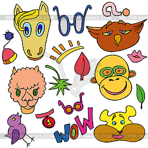 Set of doodle funny and cute animals - vector clip art