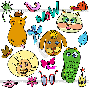 Set of doodle funny and cute animals - vector clipart