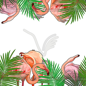 Seamless background with flamingos in leaves - vector clipart