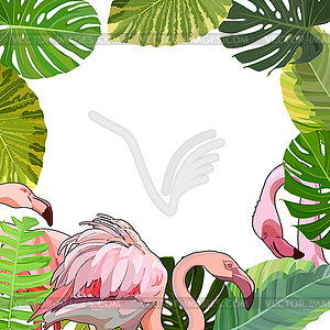 Post card with flamingos in leaves - vector clipart / vector image