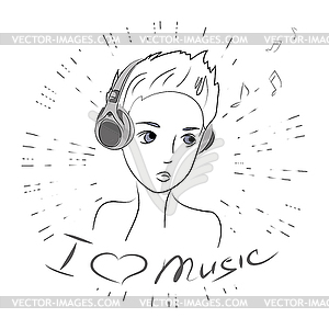 Cute Beauty Teenager I Love Music White Black Vector Clipart