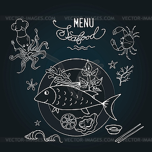Meeresfruchte Und Fisch Auf Teller Tafelhintergrund Vector Clipart Vektor Bild