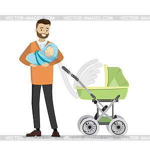 Karikatur Junger Vater Mit Neugeborenem Baby Und Kinderwagen Vector Clipart Vektor Bild