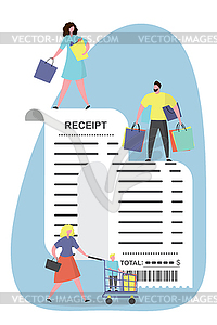 Receipt bill and people with gifts,shopping - vector clipart