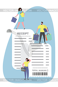 Receipt bill and people with gifts,shopping - vector image