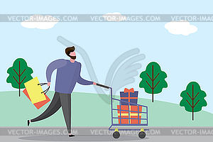 Happy man after shopping.Male with shopping trolley - vector clip art