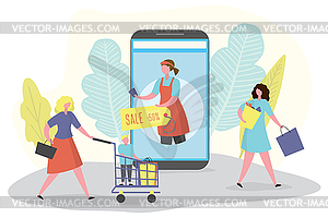 martphone со скидкой или розничным приложением,shopping woma - цветной векторный клипарт