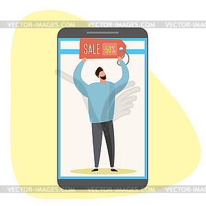 Caucasian male with sale label on mobile screen - vector image