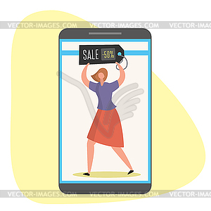 Woman with sale label on mobile screen - vector clipart