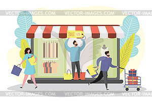 E-commerce application and shopping people with bag - vector clip art