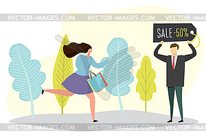 Woman runs for shopping and discounts,businessman - vector clip art