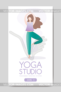 Баннер студии йоги или шаблон открытки, счастливая девушка в - векторное изображение клипарта