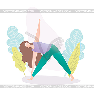Девушка, стоящая в позе йоги, треугольная поза - это асана - векторный клипарт EPS