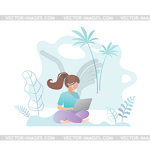 Girl hipster character sitting on sea beach,female - vector image