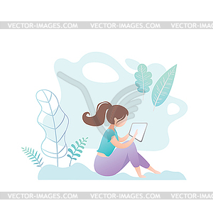 Girl with tablet pc sitting in park,female - stock vector clipart