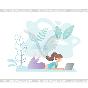 Girl with laptop pc in park,female freelancer with - vector clip art