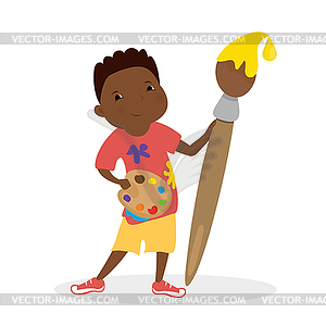 Cute african american kid boy painter,happy male - vector image