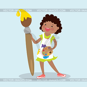 Happy african american girl with big paint brush an - vector image